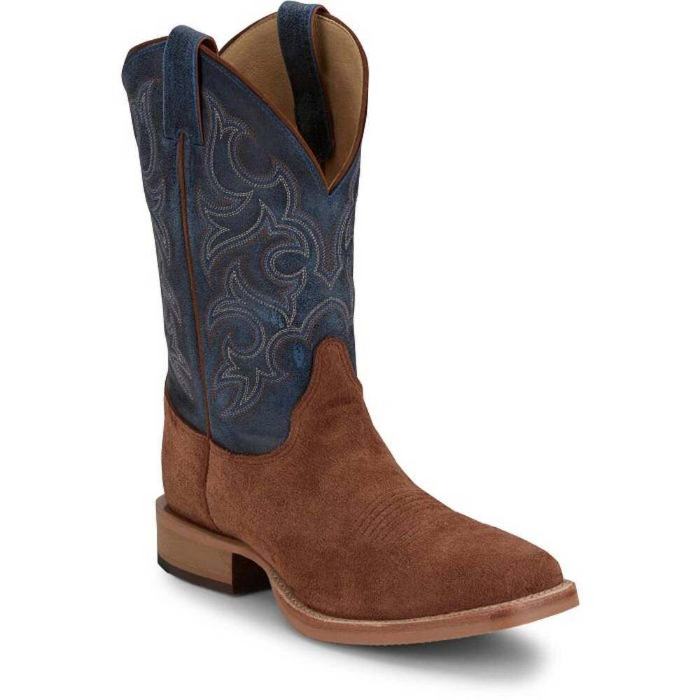 NEW JUSTIN men's bent rail fergus roughout usa boot in golden oak/royal